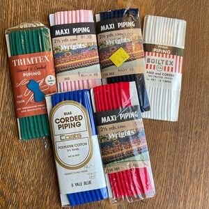 Small lot (6) corded piping, some vintage, green, blue, white, red, pink, black